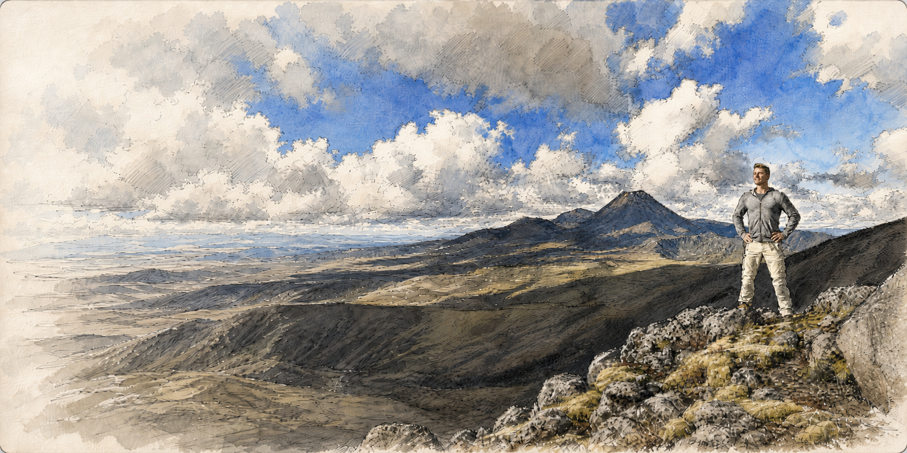 Watercolor illustration of Erik Trautman standing on a mountain ridge.